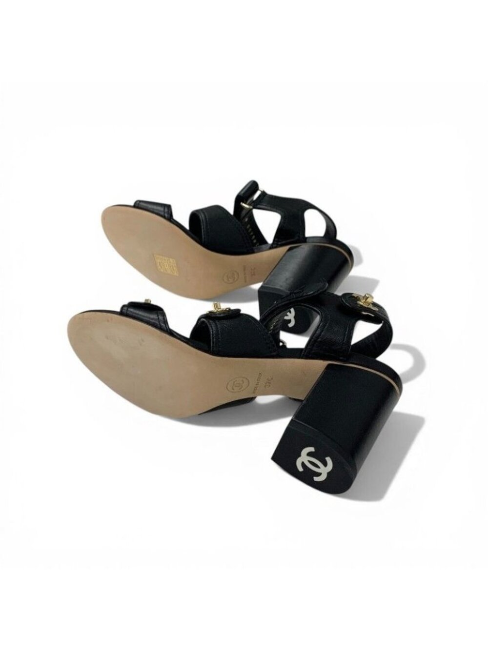 Chanel Sandals Shoes Leather Black Gold CC Logo Turnlock Velcro Strap - Picture 6 of 10